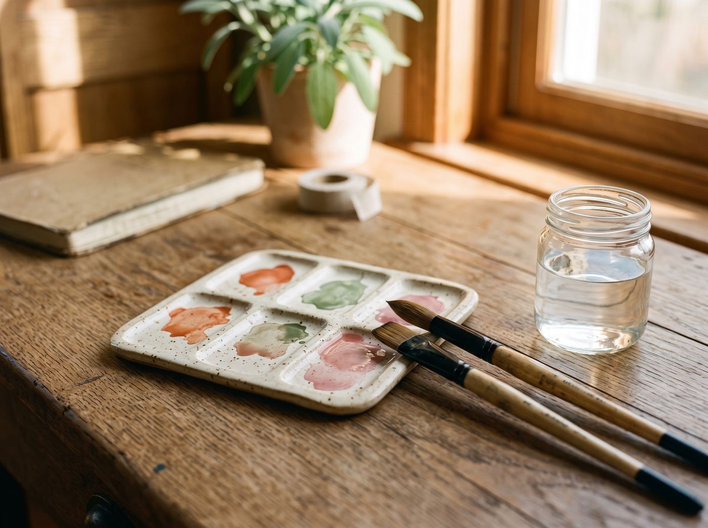 A watercolor palette, brushes, and a jar of water on a sunlit wooden desk