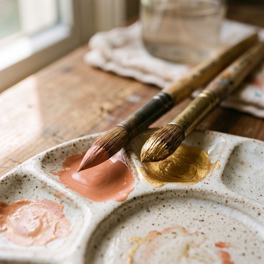 Watercolor brushes dipped in terracotta and gold paint on a ceramic palette
